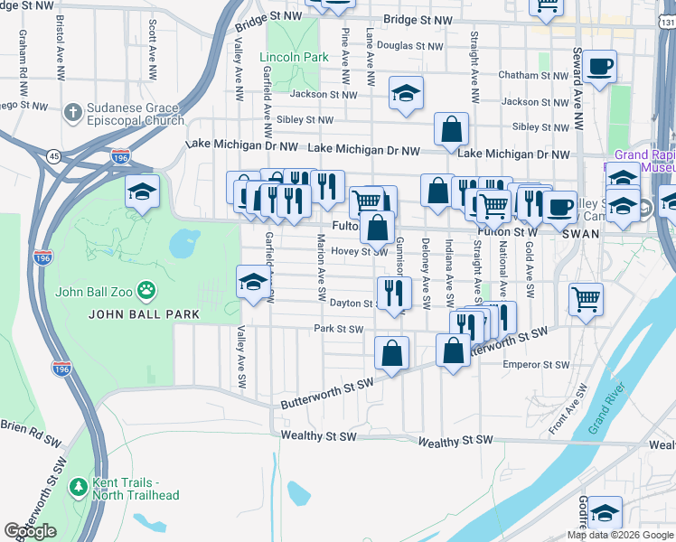 map of restaurants, bars, coffee shops, grocery stores, and more near 1026 Watson Street Southwest in Grand Rapids