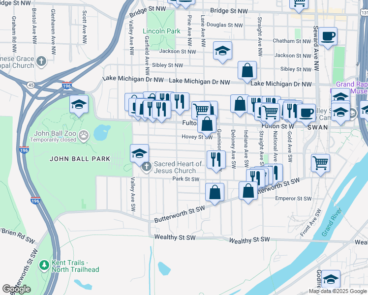 map of restaurants, bars, coffee shops, grocery stores, and more near 1026 Watson Street Southwest in Grand Rapids