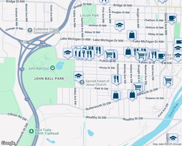 map of restaurants, bars, coffee shops, grocery stores, and more near 1136 Watson Street Southwest in Grand Rapids