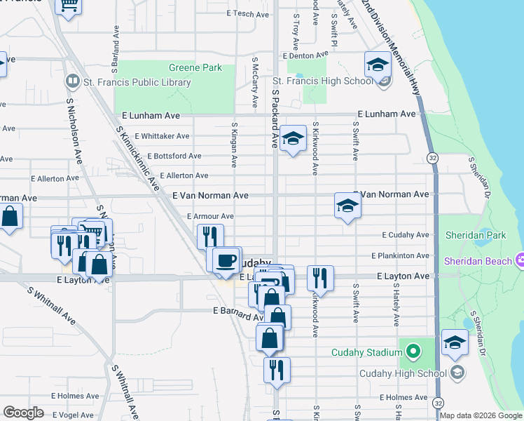 map of restaurants, bars, coffee shops, grocery stores, and more near 3547 East Armour Avenue in Cudahy