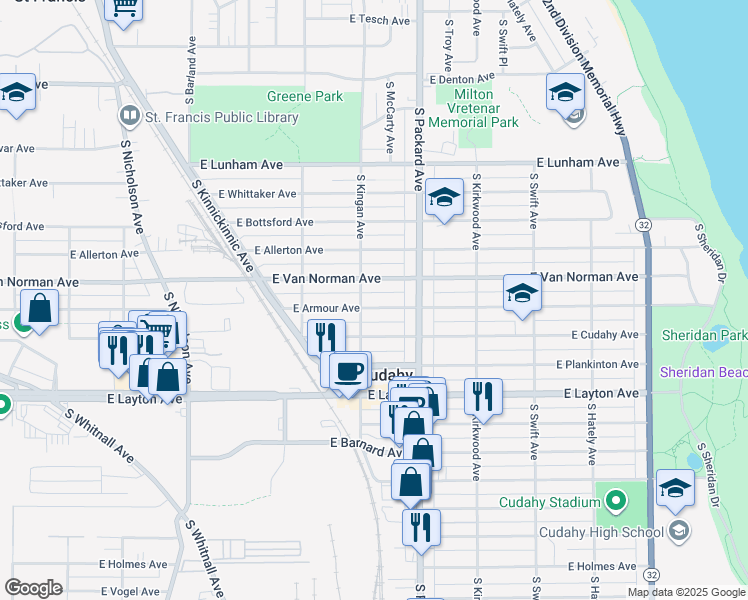 map of restaurants, bars, coffee shops, grocery stores, and more near 4562 South Kingan Avenue in Cudahy