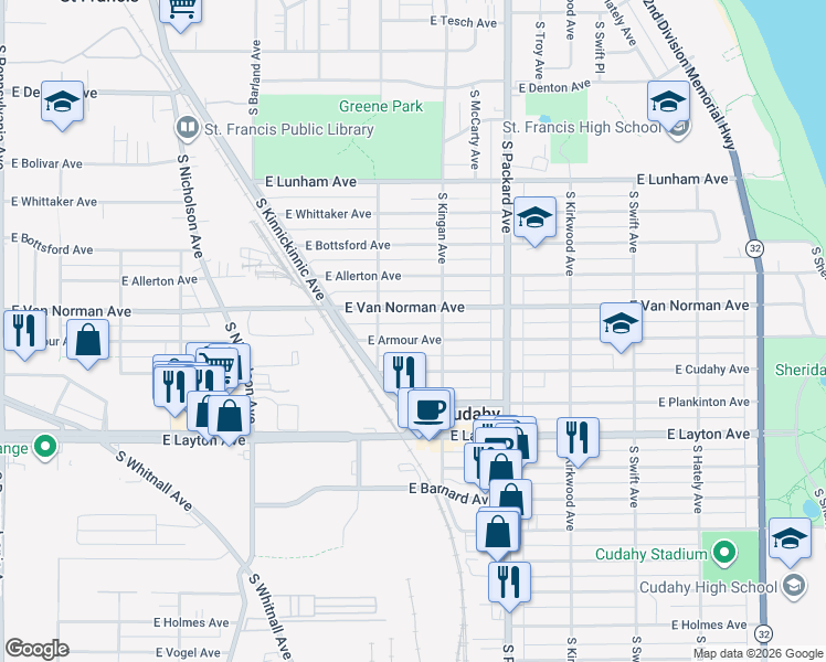 map of restaurants, bars, coffee shops, grocery stores, and more near 3435A East Armour Avenue in Cudahy