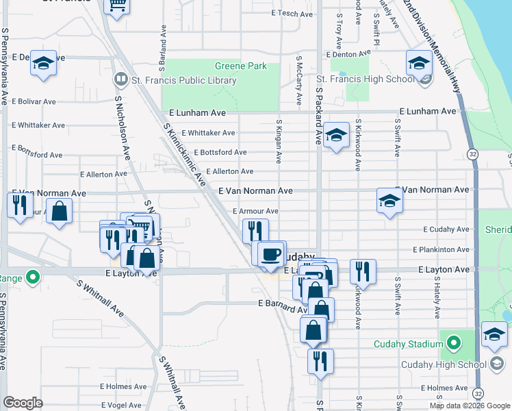map of restaurants, bars, coffee shops, grocery stores, and more near 3435A East Armour Avenue in Cudahy