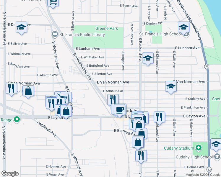 map of restaurants, bars, coffee shops, grocery stores, and more near 3435A East Armour Avenue in Cudahy