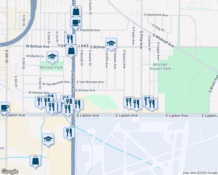 map of restaurants, bars, coffee shops, grocery stores, and more near 453 East Armour Avenue in Milwaukee