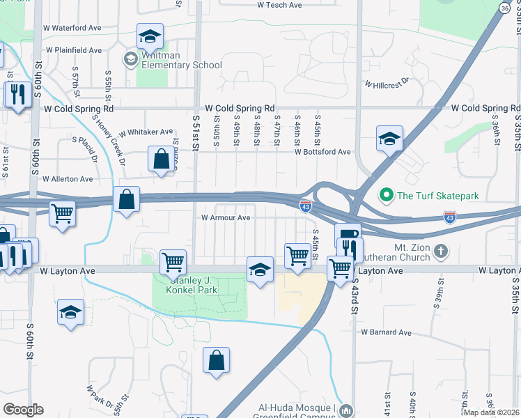 map of restaurants, bars, coffee shops, grocery stores, and more near 4605 South 48th Street in Greenfield