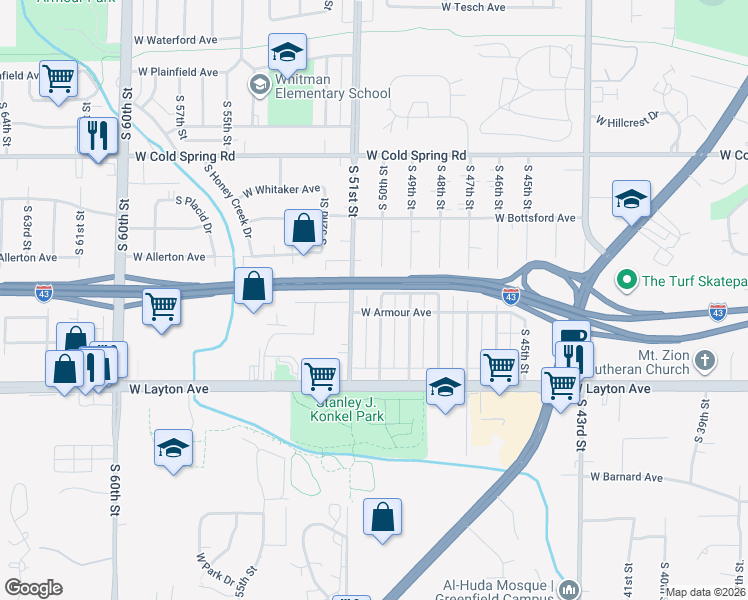 map of restaurants, bars, coffee shops, grocery stores, and more near 4600 South 51st Street in Greenfield