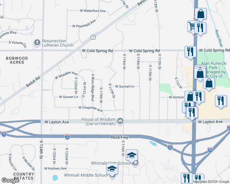 map of restaurants, bars, coffee shops, grocery stores, and more near 4550 South 117th Street in Greenfield