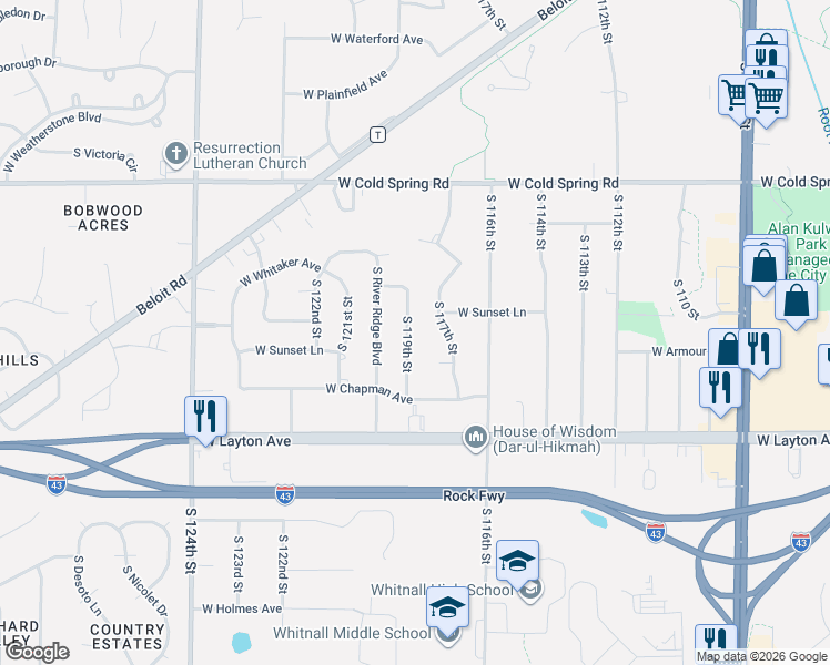 map of restaurants, bars, coffee shops, grocery stores, and more near 4550 South 119th Street in Greenfield