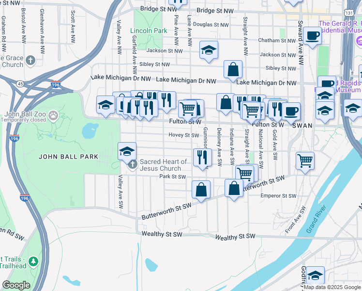 map of restaurants, bars, coffee shops, grocery stores, and more near 1021 Watson Street Southwest in Grand Rapids