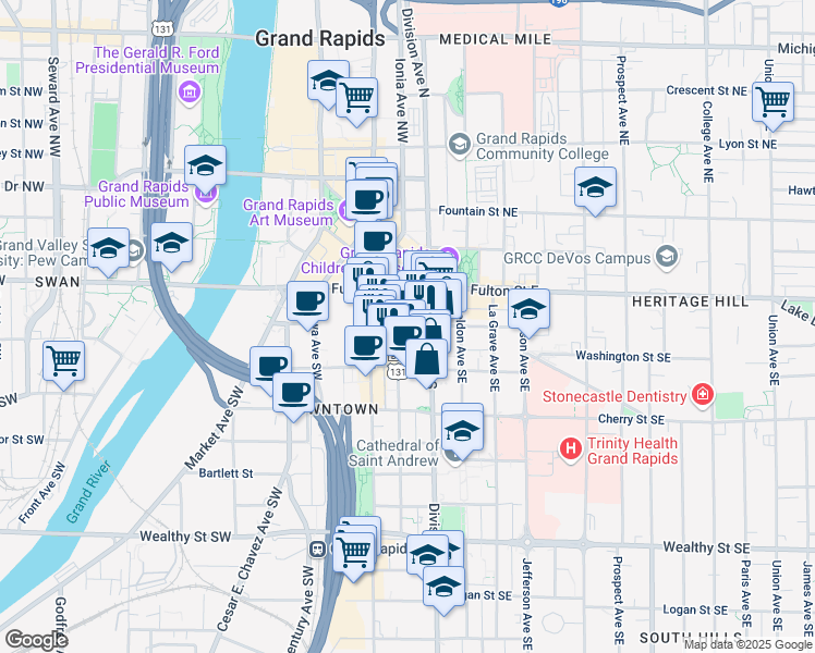 map of restaurants, bars, coffee shops, grocery stores, and more near 59 Commerce Avenue Southwest in Grand Rapids