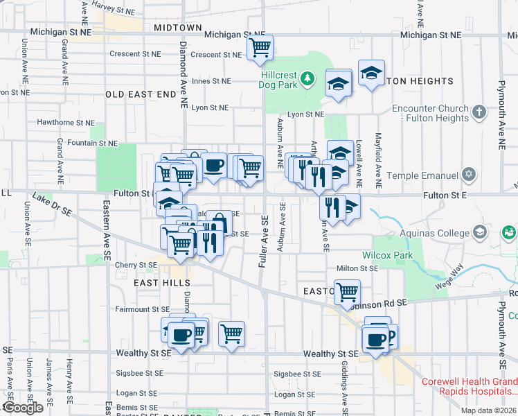 map of restaurants, bars, coffee shops, grocery stores, and more near 11 Fuller Avenue Southeast in Grand Rapids