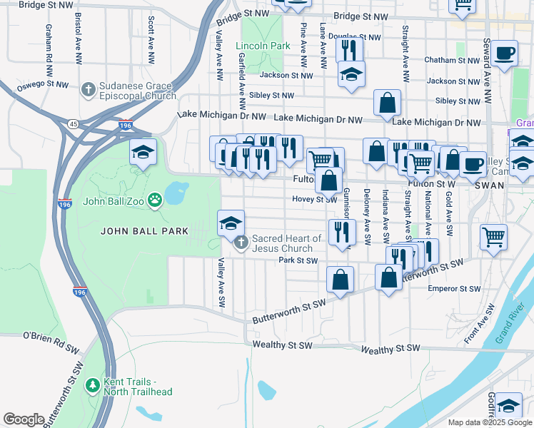 map of restaurants, bars, coffee shops, grocery stores, and more near 1136 Watson Street Southwest in Grand Rapids