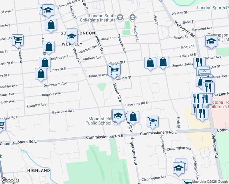map of restaurants, bars, coffee shops, grocery stores, and more near 22 Saint Neots Drive in London