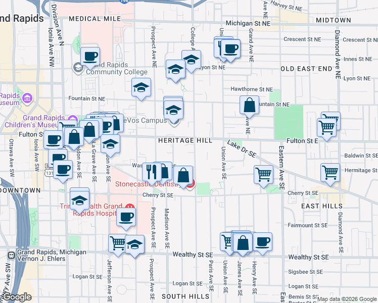 map of restaurants, bars, coffee shops, grocery stores, and more near 439 Washington Street Southeast in Grand Rapids