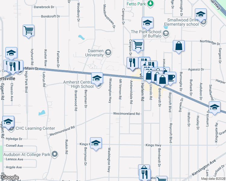 map of restaurants, bars, coffee shops, grocery stores, and more near 73 Washington Highway in Buffalo