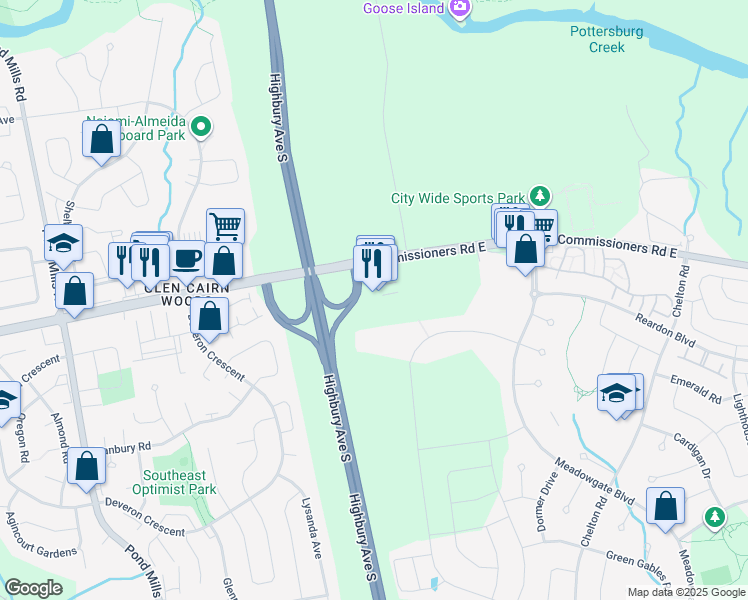 map of restaurants, bars, coffee shops, grocery stores, and more near 1305 Commissioners Road East in London