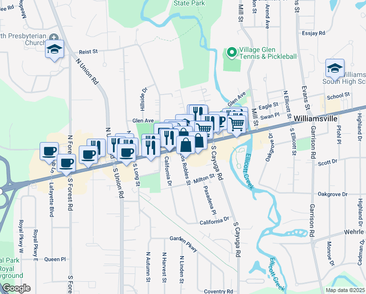 map of restaurants, bars, coffee shops, grocery stores, and more near 5447 Main Street in Williamsville