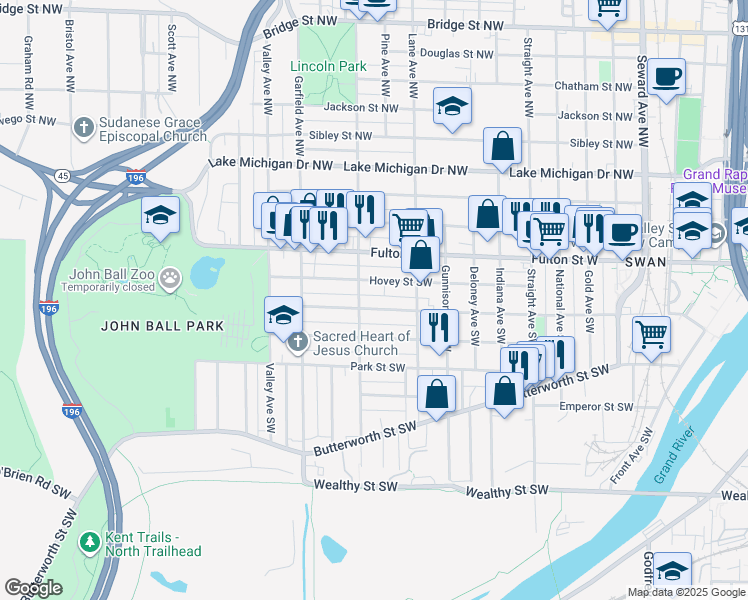 map of restaurants, bars, coffee shops, grocery stores, and more near 1047 Watson Street Southwest in Grand Rapids