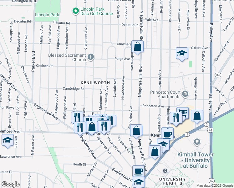 map of restaurants, bars, coffee shops, grocery stores, and more near 139 Lyndale Avenue in Buffalo