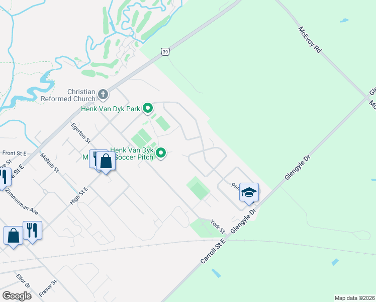 map of restaurants, bars, coffee shops, grocery stores, and more near 37 Hickory Boulevard West in Strathroy