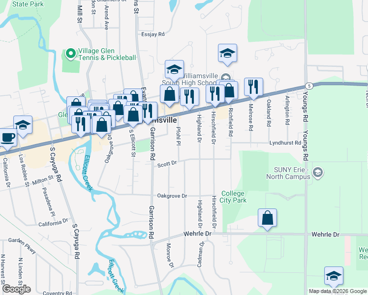 map of restaurants, bars, coffee shops, grocery stores, and more near 80 Scott Drive in Buffalo