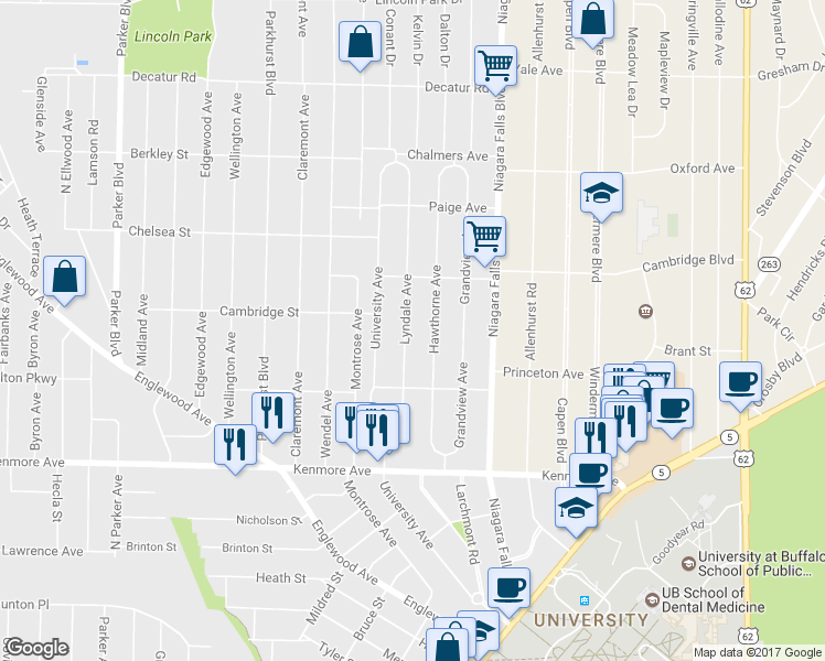 map of restaurants, bars, coffee shops, grocery stores, and more near 116 Hawthorne Avenue in Buffalo