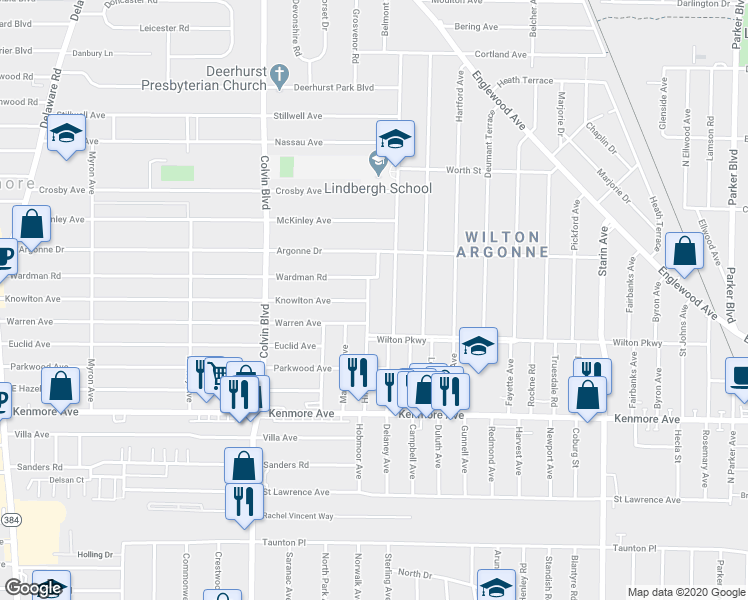 map of restaurants, bars, coffee shops, grocery stores, and more near 103 Hiler Avenue in Buffalo