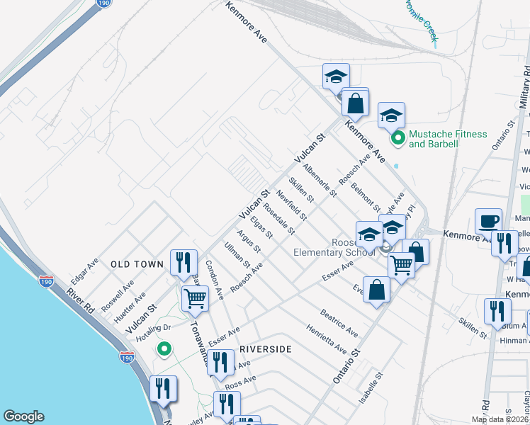 map of restaurants, bars, coffee shops, grocery stores, and more near 85 Elgas Street in Buffalo