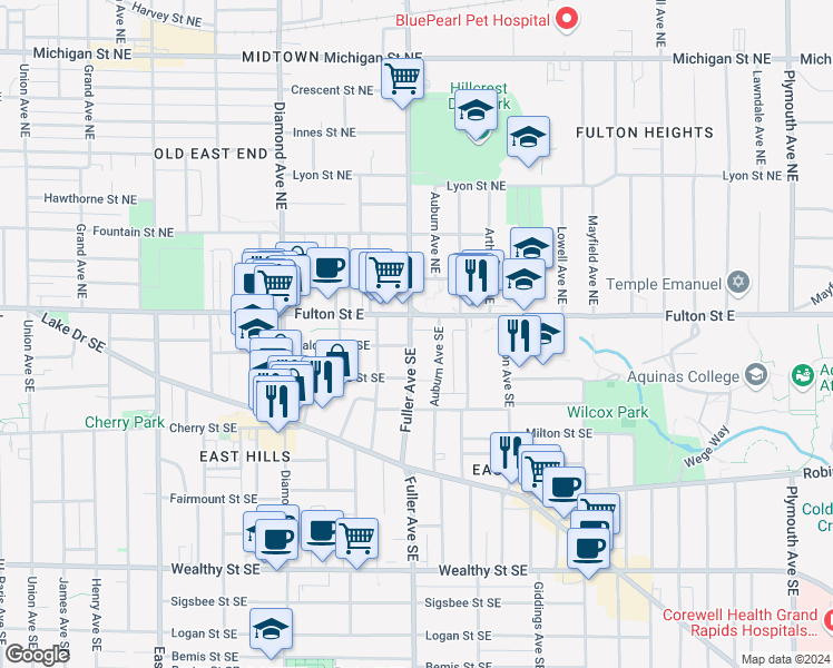 map of restaurants, bars, coffee shops, grocery stores, and more near 46 Fuller Avenue Southeast in Grand Rapids