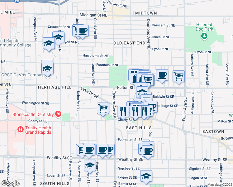 map of restaurants, bars, coffee shops, grocery stores, and more near 833 Lake Drive Southeast in Grand Rapids