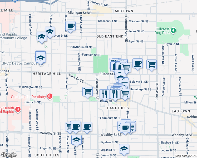 map of restaurants, bars, coffee shops, grocery stores, and more near 833 Lake Drive Southeast in Grand Rapids