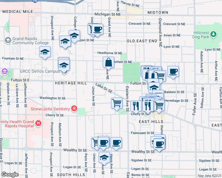 map of restaurants, bars, coffee shops, grocery stores, and more near 47 Packard Avenue Southeast in Grand Rapids