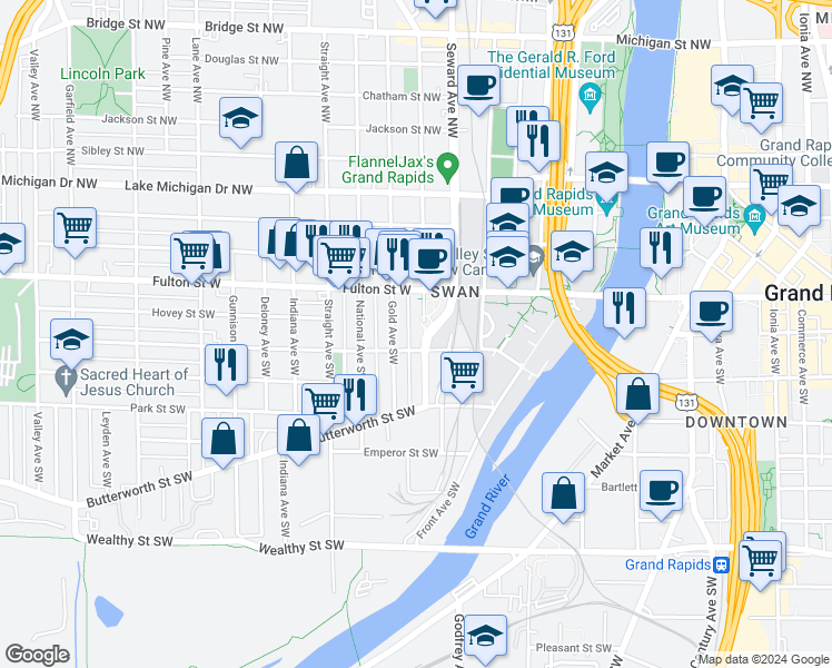 map of restaurants, bars, coffee shops, grocery stores, and more near 650 Watson Street Southwest in Grand Rapids