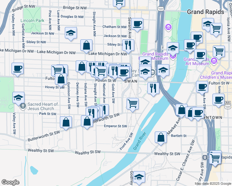 map of restaurants, bars, coffee shops, grocery stores, and more near 650 Watson Street Southwest in Grand Rapids