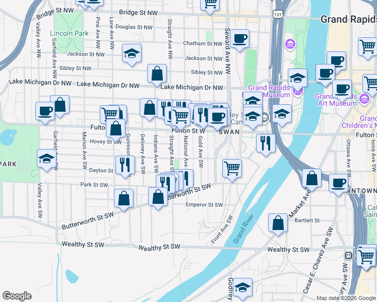 map of restaurants, bars, coffee shops, grocery stores, and more near 734 Watson Street Southwest in Grand Rapids