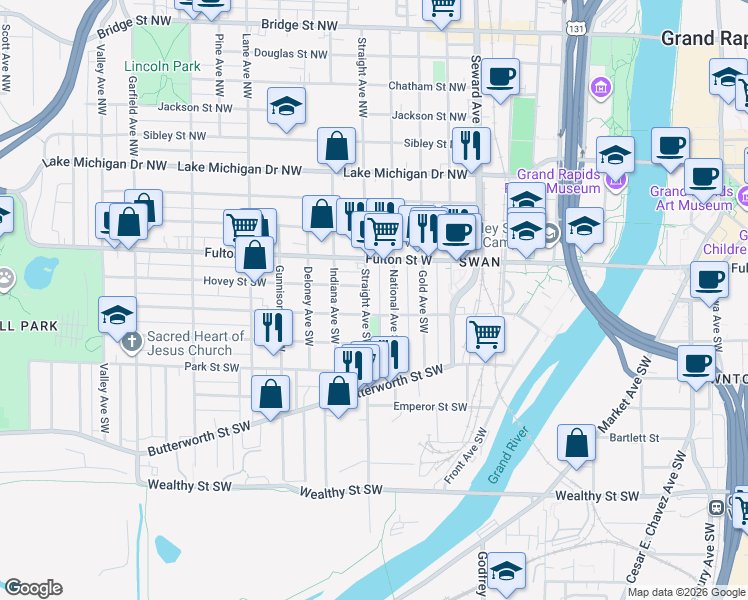 map of restaurants, bars, coffee shops, grocery stores, and more near 101 Straight Avenue Northwest in Grand Rapids