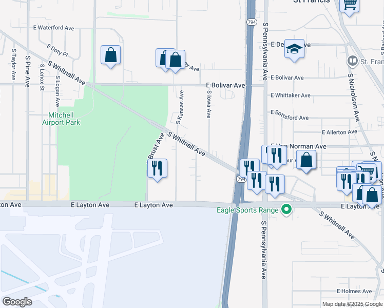 map of restaurants, bars, coffee shops, grocery stores, and more near 4554 South Kansas Avenue in Saint Francis