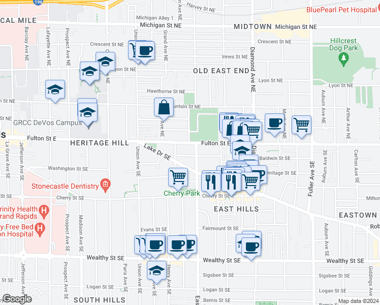 map of restaurants, bars, coffee shops, grocery stores, and more near 731 Baldwin Street Southeast in Grand Rapids