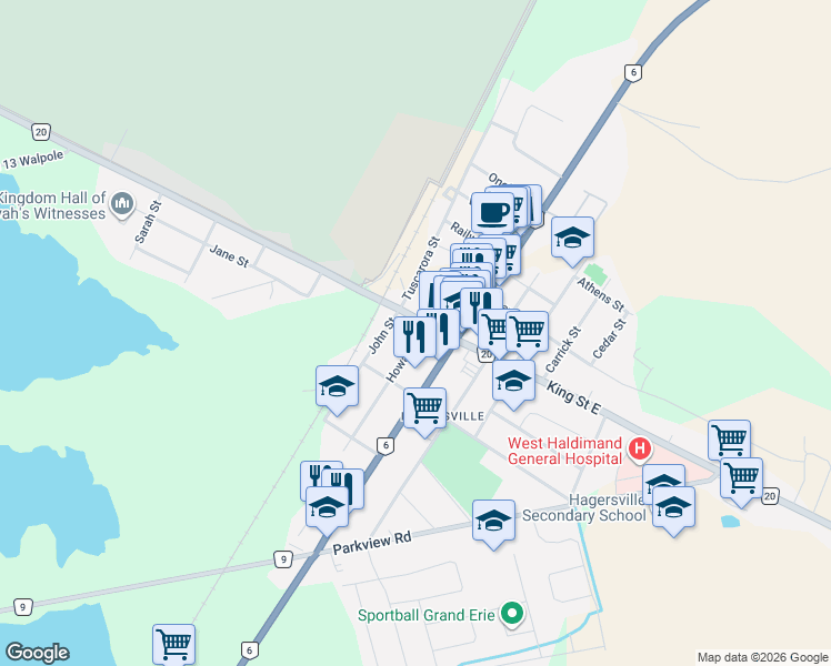 map of restaurants, bars, coffee shops, grocery stores, and more near 18 Howard Street in Caledonia