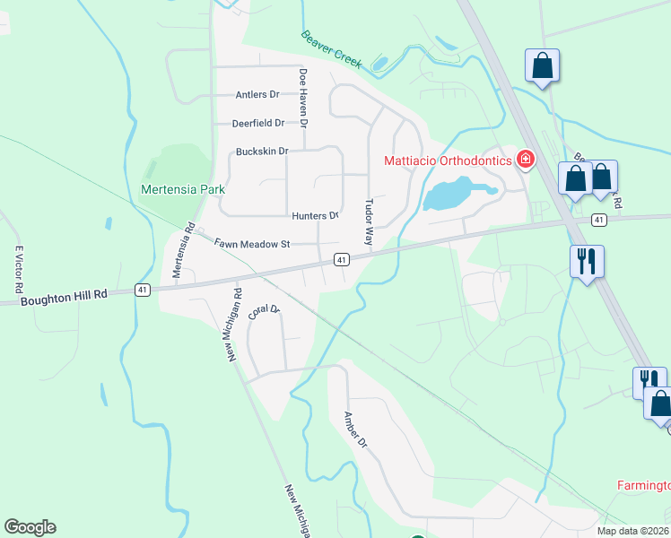 map of restaurants, bars, coffee shops, grocery stores, and more near 6131 County Road 41 in Farmington