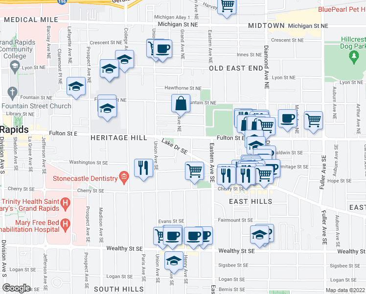 map of restaurants, bars, coffee shops, grocery stores, and more near 665 Lake Drive Southeast in Grand Rapids