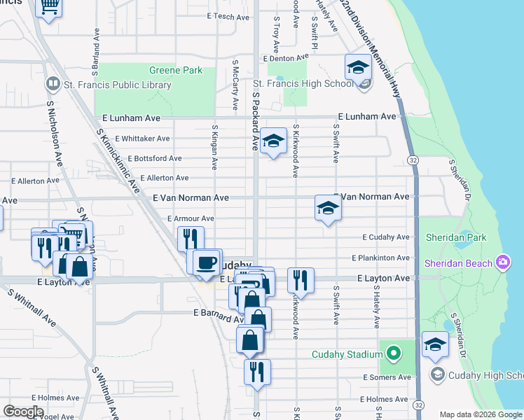 map of restaurants, bars, coffee shops, grocery stores, and more near 4556-56A South Packard Avenue in Cudahy