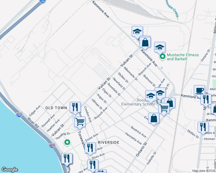 map of restaurants, bars, coffee shops, grocery stores, and more near 85 Elgas Street in Buffalo