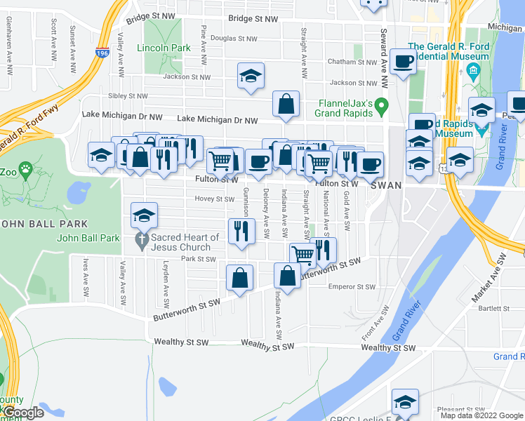map of restaurants, bars, coffee shops, grocery stores, and more near 47 Deloney Avenue Southwest in Grand Rapids