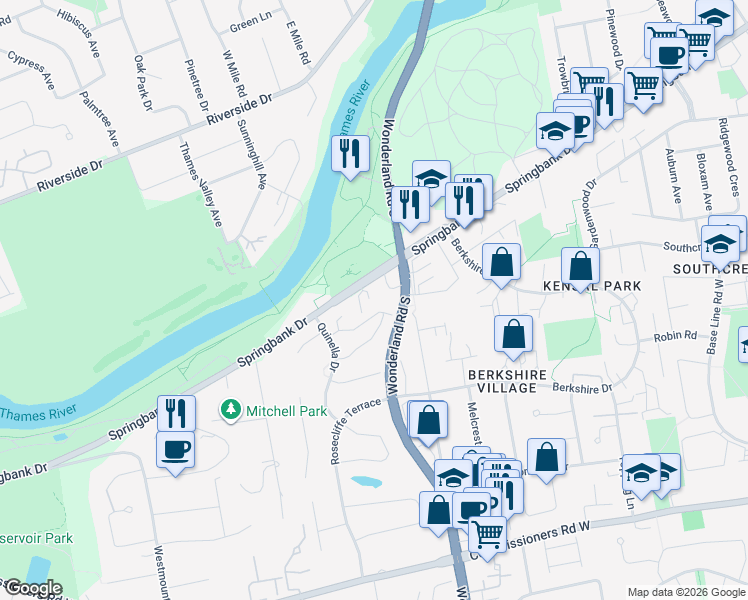 map of restaurants, bars, coffee shops, grocery stores, and more near 620 Springbank Drive in London