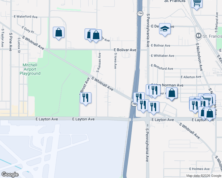 map of restaurants, bars, coffee shops, grocery stores, and more near 4515 South Whitnall Avenue in St. Francis