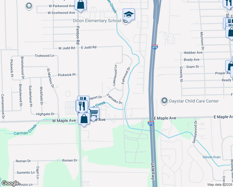 map of restaurants, bars, coffee shops, grocery stores, and more near 1131 Davenport Court in Burton