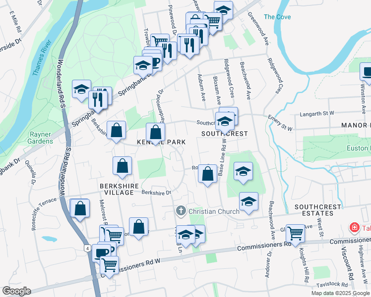 map of restaurants, bars, coffee shops, grocery stores, and more near 555 Berkshire Drive in London