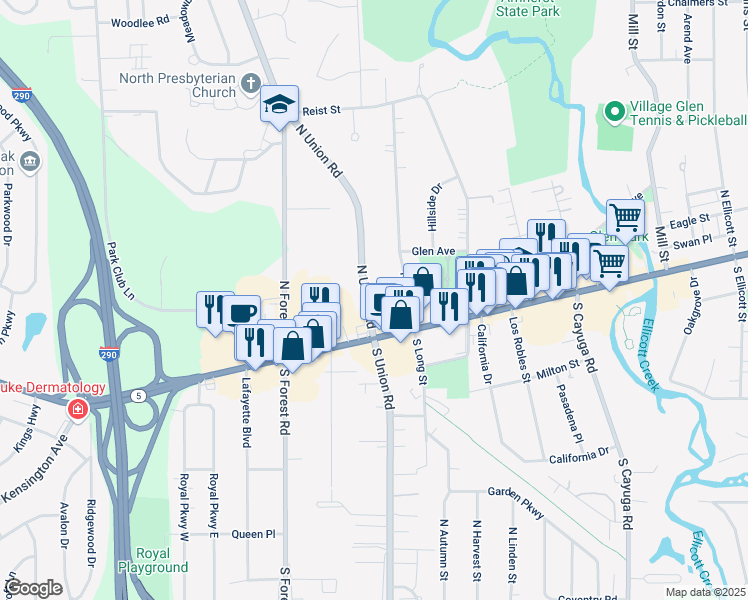 map of restaurants, bars, coffee shops, grocery stores, and more near 37 North Union Road in Buffalo